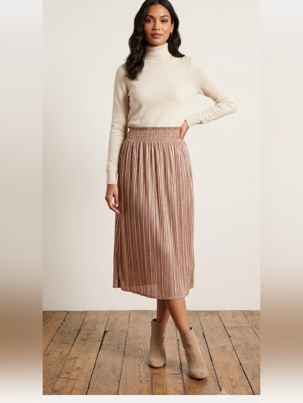 Love Riche Metallic Rose Gold Pleated Midi Skirt